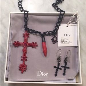 EXTREMELY RARE Christian Dior Red Cross Black Matt necklace and earrings gothic